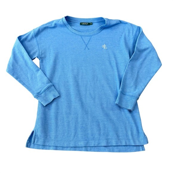 Lauren Ralph Lauren Tops - Lauren Ralph Lauren Blue Pique Knit Long Sleeve Crewneck Top LRL Monogram Preppy